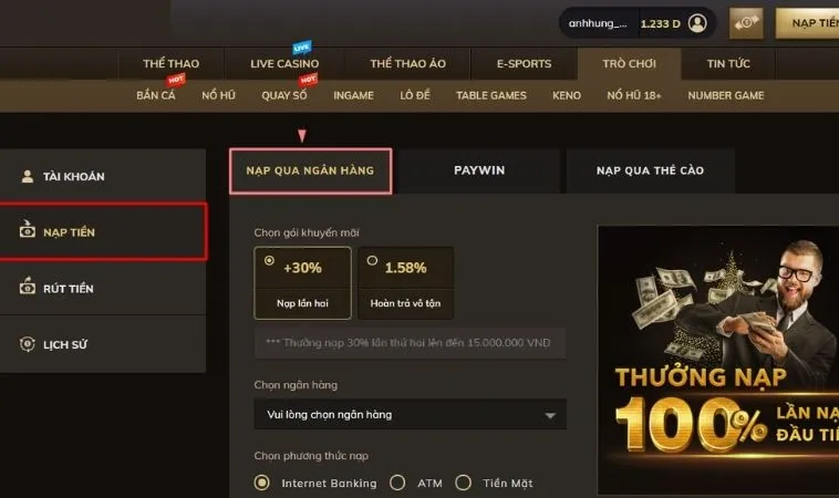 Khám Phá Bí Quyết Nạp Tiền BET168VN: Trải Nghiệm Cá Cược Hoàn Hảo 2 Giao diện Nạp Tiền BET168VN
