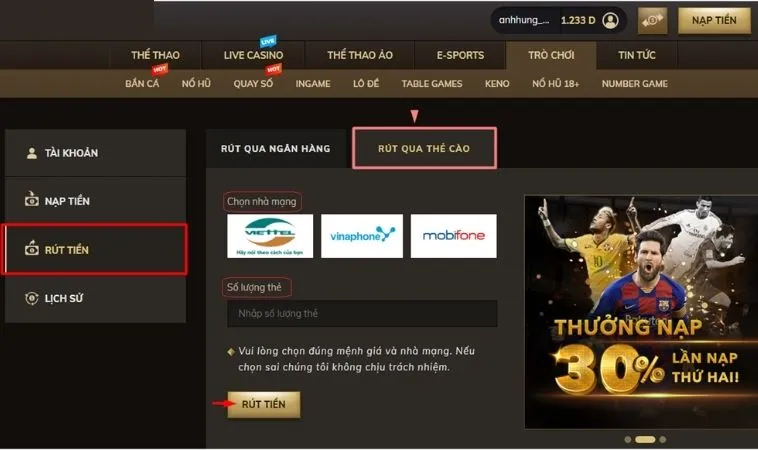 Rút Tiền BET168VN: Trải Nghiệm Cá Cược Hoàn Hảo 2 Giao diện Rút Tiền BET168VN