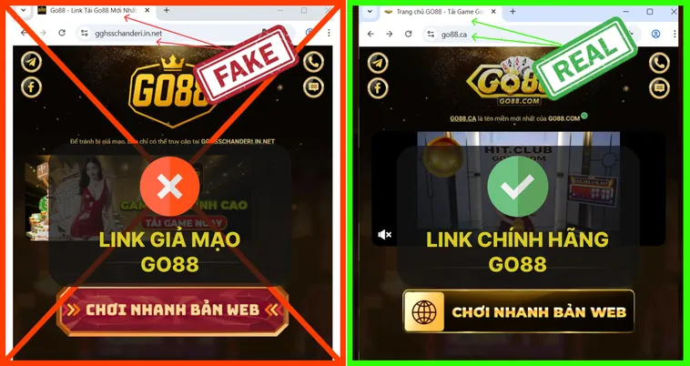 Đừng Mắc Bẫy Lừa Đảo Hé Lộ Cách Nhận Biết Go88 Chính Thức 3 Link thật Go88.com không yêu cầu nhập mật khẩu hay OTP ở các trang trung gian, còn link giả Go88.com thường tạo form giả mạo.